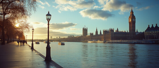 AI generator image of London River Thames with a view of Big Ben at sunset, Big Ben and Houses of Parliament , Street photo