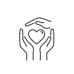 Hands holding heart line icon for charity love care and protection