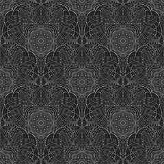 Ethnic seamless pattern in a dark color palette with floral and abstract designs. Natural and abstract ornaments, oriental, asian, indian motifs.