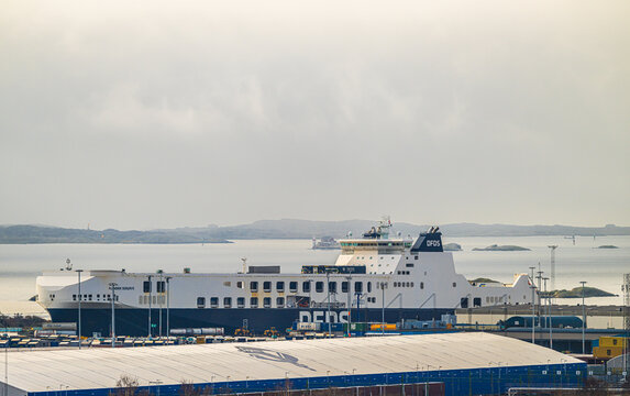 Gothenburg, Sweden - February 20 2024: large dfds ferry docked at industrial harbor.