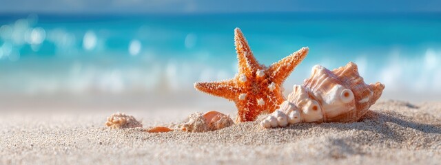 Seashells and starfish on sandy beach (2)