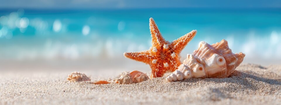Seashells and starfish on sandy beach (2)