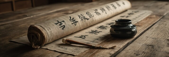 Ancient calligraphy tools on a wooden table depicting asian culture and history