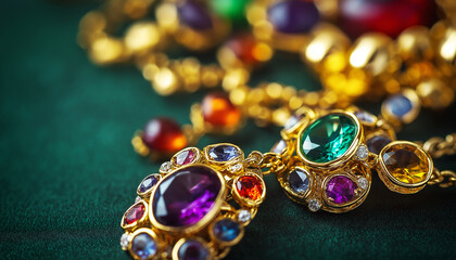AI generator image of Multi-colored gemstone necklaces and bracelets, close-up shot of a pile of intricate gold jewelry, including bangles, ring, necklace, bracelets, and cuffs, with fine detailing, g