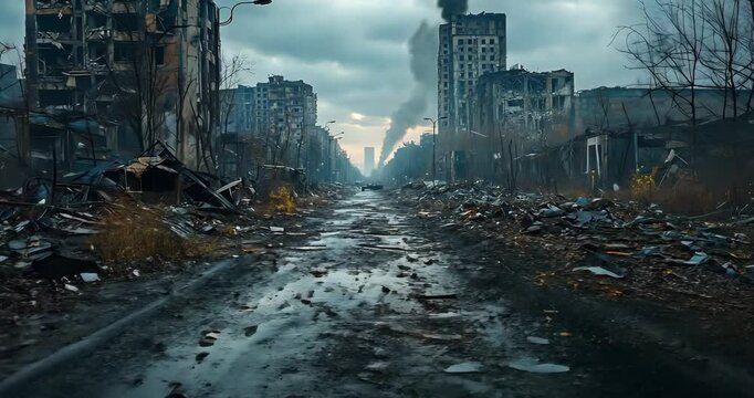 Drone footage captures a destroyed city with ruined buildings and debris-filled streets.