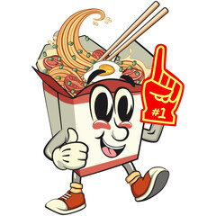 cute chinese noodles box mascot cartoon vector raise foam finger, kawaii ramen takeout character with chopsticks, isolated food illustration asian cuisine design, work of hand drawn