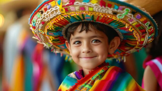Smiling Latino Boy in Traditional Sombrero and Colorful Serape