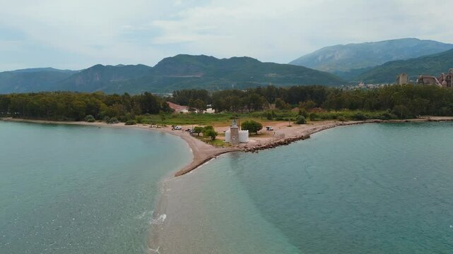 Aerial drone videos of Drepano lighthouse area of ​​Gulf of Corinth