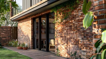 Red Brick Wall Background with Modern Sliding Doors and Lush Greenery