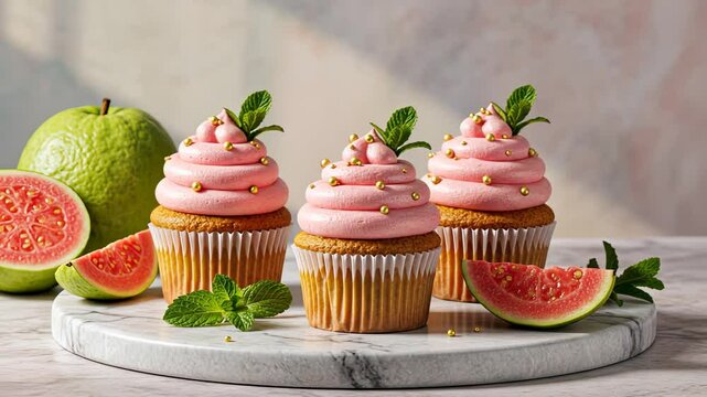 Delicious cupcake and fresh fruit display with guava and mint on marble plate