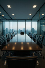Empty modern executive boardroom with a large conference table and sleek office chairs overlooking a sprawling cityscape at dusk, symbolizing corporate power and global business opportunities.