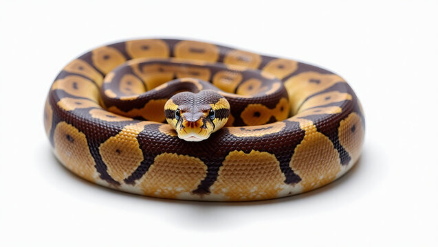 Powerful serpent in a coiled pose, detailed scales and hypnotic gaze &mdash; pure white background for versatile use in scientific designs, logos, or tribal art.