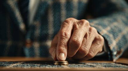 A close-up of a hand stacking coins, symbolizing saving, investment, or financial growth with a blurred background.
