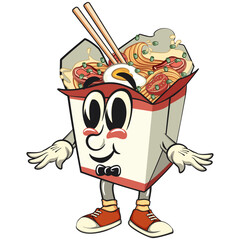 cute chinese noodles box mascot cartoon vector with a bow tie, kawaii ramen takeout character with chopsticks, isolated food illustration asian cuisine design, work of hand drawn