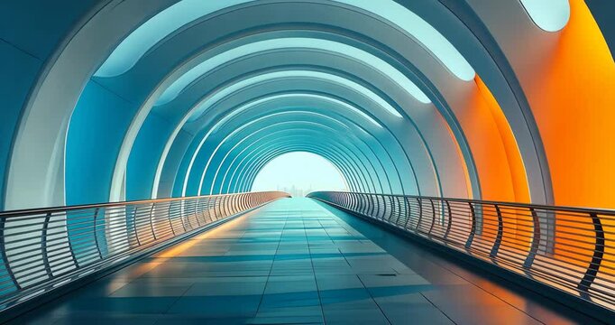A futuristic bridge tunnel with teal and orange colors, leading to a bright opening with a city view.