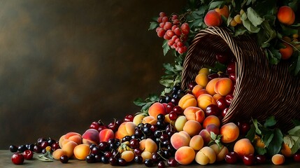 A side spill of assorted fruits like peaches, cherries, and apricots tumbling from a wicker basket, blank space opposite