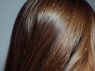 Close-up of brown hair with dandruff or flakes revealing a common hair condition or issue