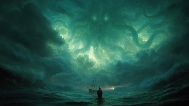 Awe-inspiring ocean vista depicting a colossal entity and a lone human facing impending doom