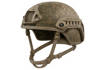 Camouflaged combat helmet with side view on transparent background, providing head protection for soldiers in warfare