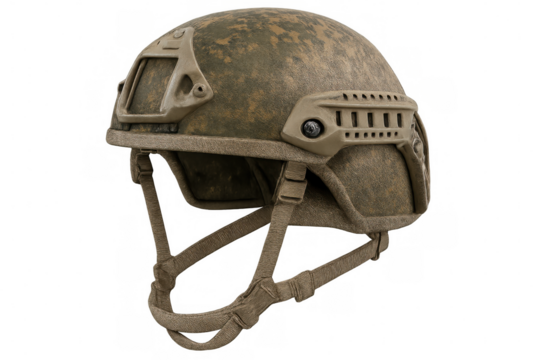 Camouflaged combat helmet with side view on transparent background, providing head protection for soldiers in warfare