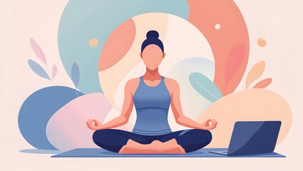 Online Yoga & Mindfulness: Serene Woman Meditating with Laptop, Embracing Wellness, Balance & Inner Peace