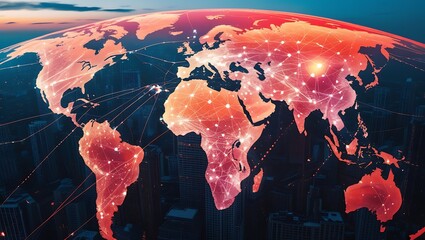 A city skyline in the background symbolizes global connectivity through the internet