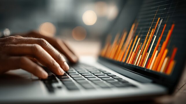 Hands typing on a laptop keyboard with colorful bar graphs displayed on the screen in a dimly lit setting.