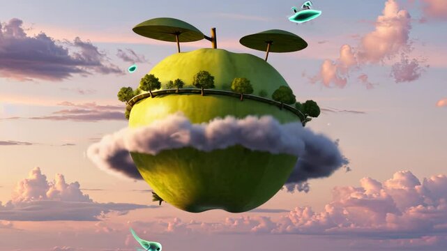 Surreal floating green planet with leaf umbrellas and futuristic hovercrafts against a cloudy sunset