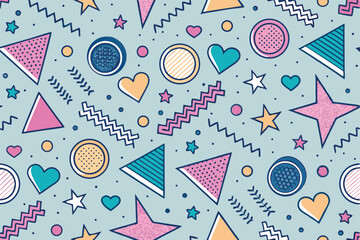 Memphis geometric seamless pattern in pastel pink — retro 80s 90s abstract background with circles, zigzags, spirals, and wavy lines, cute kid doodle style for fun, creative design projects

