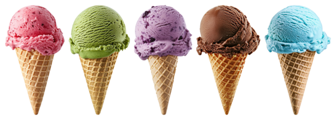 PNG Colorful ice cream cones displayed, element set on transparent background
