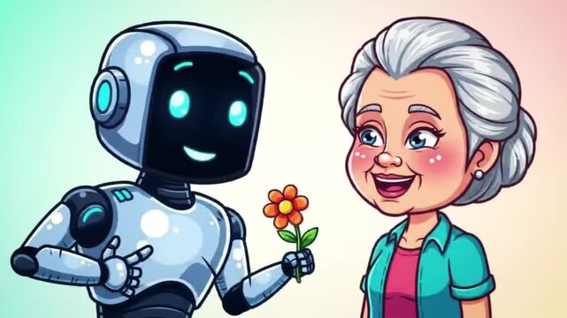 Idosa interagindo com rob&ocirc;.