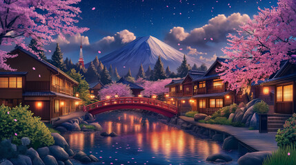 AI generator image of seasons Tranquil River Scene with Cherry Blossoms and Traditional, Canal amidst trees against castle during autumn Tranquil River Scene with Cherry Blossoms and Traditional House