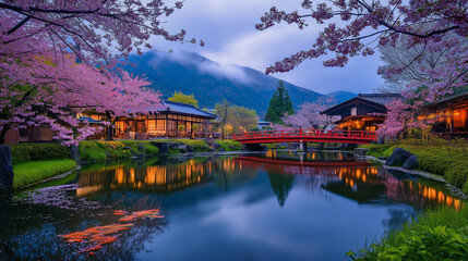 AI generator image of seasons Tranquil River Scene with Cherry Blossoms and Traditional, Canal amidst trees against castle during autumn Tranquil River Scene with Cherry Blossoms and Traditional House