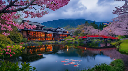 AI generator image of seasons Tranquil River Scene with Cherry Blossoms and Traditional, Canal amidst trees against castle during autumn Tranquil River Scene with Cherry Blossoms and Traditional House