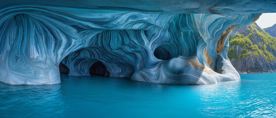 AI generator image of Marble Caves  Nature outdoes herself with this stunningly beautiful set of caves carved into marble.