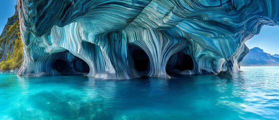 AI generator image of Marble Caves  Nature outdoes herself with this stunningly beautiful set of caves carved into marble.