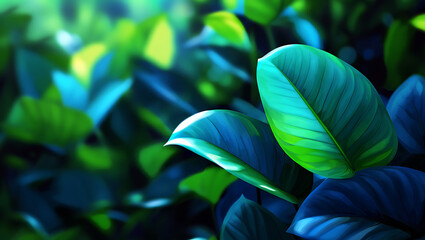 Vibrant Teal and Green Tropical Leaves: Lush, Serene, Close-up Botanical Stock Photo