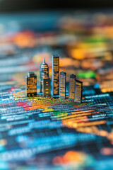 AI generator image of Miniature cityscape on chalkboard edge urban planner interacts with a detailed city model, focusing on sustainable development Engineers collaborating on sustainable architecture