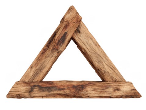 Rustic wooden triangle frame formed by weathered timber pieces isolated on transparent background