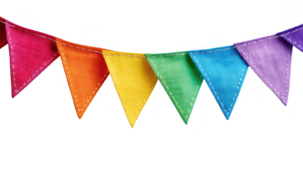 Colorful fabric bunting flags strung together on a white cord isolated on transparent background