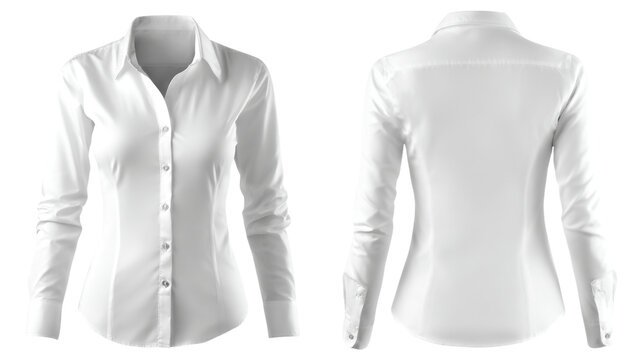 Elegant white long sleeve button down dress shirt for women front and back view