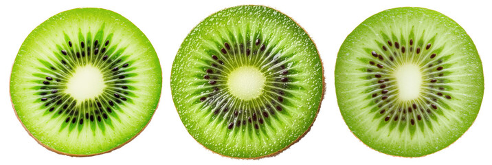 Three fresh kiwi slices showing vibrant green flesh with black seeds arranged in a radial pattern.