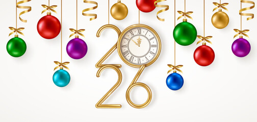 Merry Christmas and Happy New Year 2026 Banner, Xmas Tree Toys, Golden Baubles, Clock White Background. Vector illustration. Winter holiday template design, poster, flyer, pattern voucher