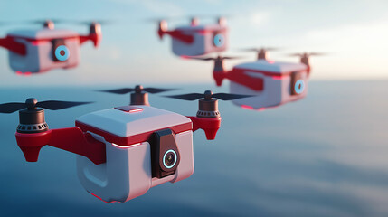 AI generator image of Drone, Drone flying with camera, The drone flies against the background of river and sky, an unmanned flying object, The drone hovers in the air and records