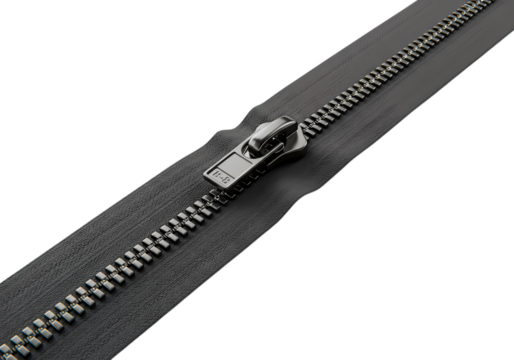 Closeup View of a Metal Zipper Detailing the Teeth Slider and Tape isolated on transparent background