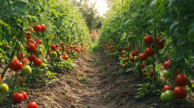 Ripe tomatoes hang heavily on lush green vines, lining a sunlit path between rows of earth &mdash; a vibrant celebration of nature&rsquo;s abundance and the quiet joy of harvest time.