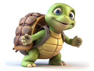 Fototapeta premium A cute cartoon turtle carries a backpack, isolated on white background