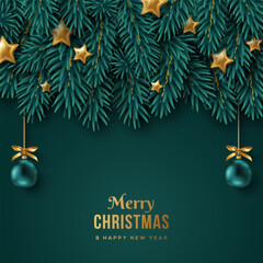 Merry Christmas Happy New Year 2026 blue background, Fir tree branches, gold stars, confetti and Xmas ball toy. Vector illustration. Bauble decor gift card, sale poster, winter fashion party banner.