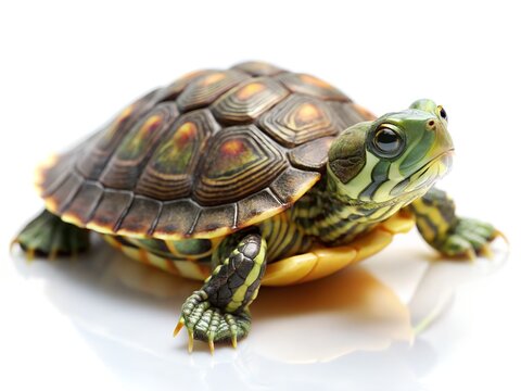 A small, colorful baby turtle isolated on white background