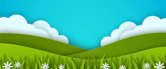 Fototapeten Türkis Beautiful summer landscape background. Fluffy clouds, blue sky, eco farmland. Green grass lawn farm field. Vector illustration. Paper cut countryside hills. Place for text. Rural agriculture scenery  © kotoffei